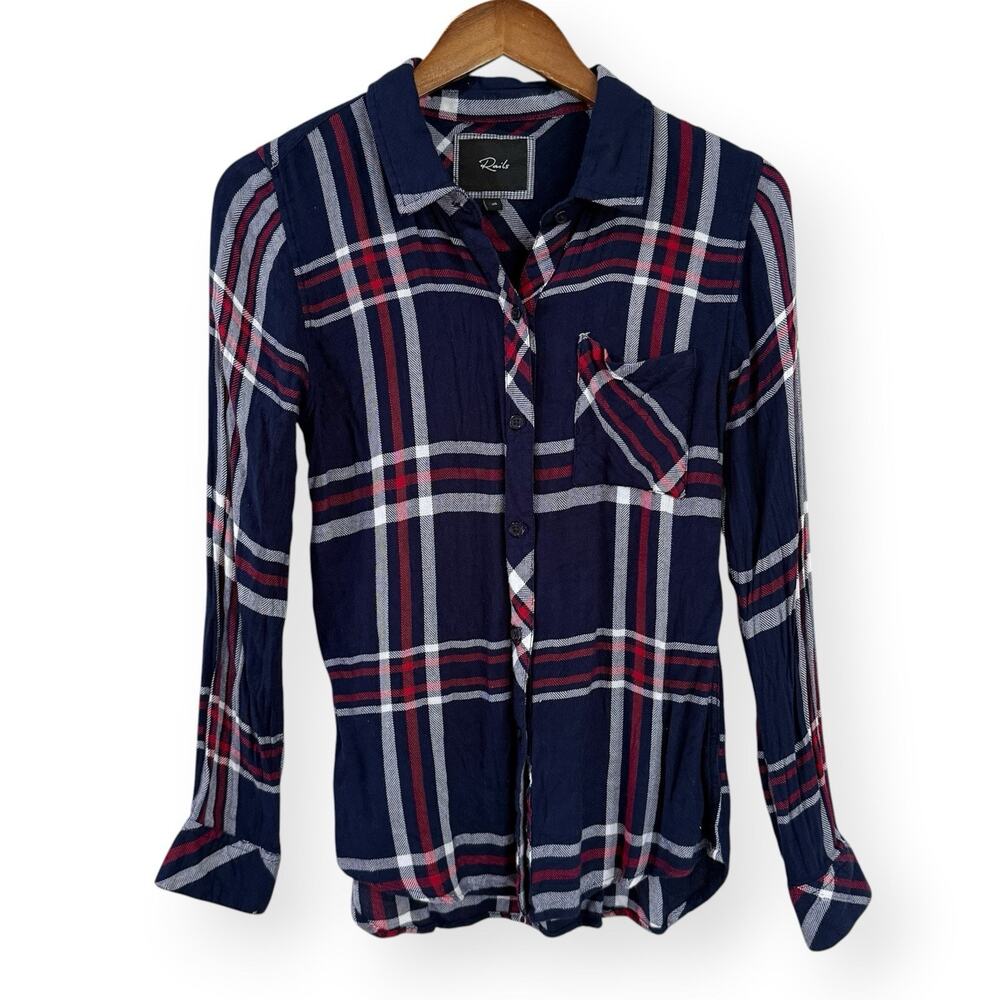 Rails Hunter Plaid Button Down Soft Flannel Shirt XS Navy Red White Long Sleeve